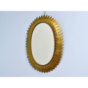 Spanish Oval Mirror In Gilded Iron, 1950s
