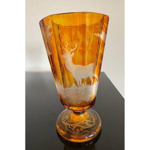 19th Century Bohemian Cut Crystal Hunting Chalice With Deer Decor