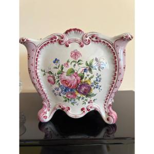 Fine Earthenware Planter From Lunéville With Saxon Flowers Decor, 19th Century