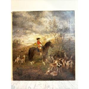Oil Painting On Canvas Representing A Hunting Scene