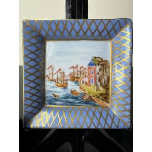 Square Ashtray Or Empty Pocket In Polychrome Porcelain With Decoration.