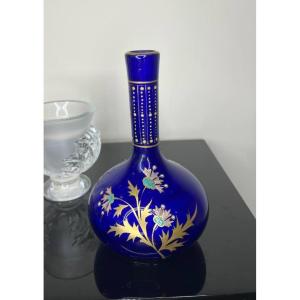 Vintage Cobalt Blue Glass Vase With Enameled And Gold Floral Pattern