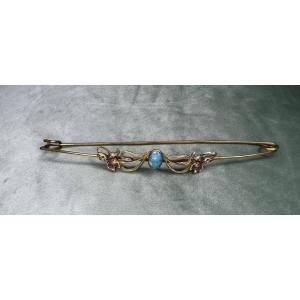 Antique Jewel, Art Nouveau Pin Mounted With Turquoise And Iris Flowers.