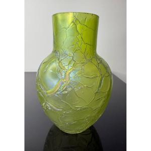 Small Kralik Iridescent Green Cracked Glass Vase