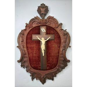 Carved Ivory Crucifix On Velvet Background, In A Carved Wooden Frame