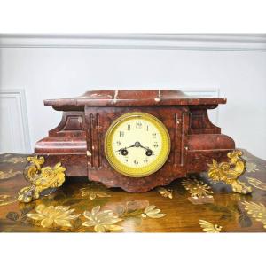 Griotte Marble Clock Base And Chiseled And Gilded Bronze Ornamentation - Late 19th Century