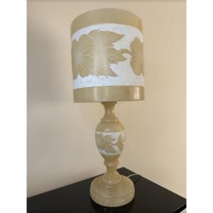 1980s Alabaster Table Lamp With Floral Decorations