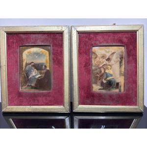 Pair Of "holy Family" Glass Mounted Statues
