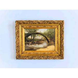 19th Century Oil On Canvas, Landscape With Bridge Stefan Domaradzki (1897-1983)