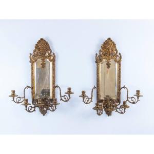 Wall Lights Forming Mirrors, In Bronze With Five Arms, Decorated With Mascarons, Head Of Bacchus