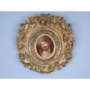 Painting "christ Crowned With Thorns" On Porcelain, Gilded Carved Card