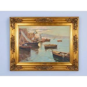 Mediterranean Fishing Port. Oil On Canvas Signed S. Castellano