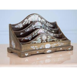 Vietnamese Hardwood Letter Rack Inlaid With Mother Of Pearl, Decorated With Dragons And Flowers