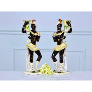 Pair Of Italian Blackamoor Porcelain Venetian Candlesticks, 1950s