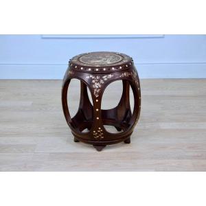 Stool, Hardwood Stool With Floral Decoration Inlaid With Mother-of-pearl, Asian Style.