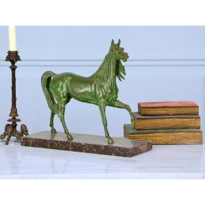 Horse In Patinated Spelter On Marble "arabian Stallion" Or "pur-sang".