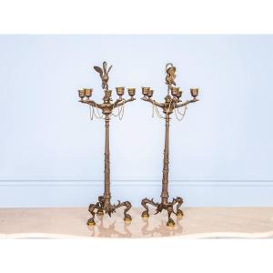 In The Style Of Auguste Nicolas Cain Or Ferdinand Barbedienne Candelabra, Bronze Candlesticks