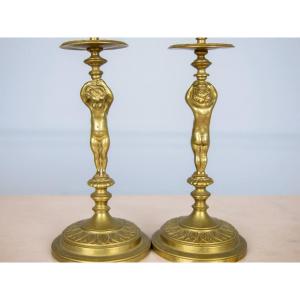Bronze Candlesticks, Cherubs, Loves, Puttos, Canephores, Napoleon III, 19th Century