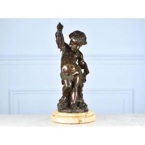 Paul Emile Machault, Ancient Figural Sculpture In Bronze, Putti Or Boy With Fish