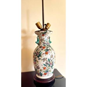 Baluster Vase With Flared Neck, In Porcelain And Polychrome Enamels Mounted As A Lamp