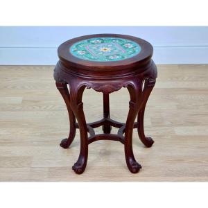 Small Table, Side Table, Side Table, Wooden Stool And Central Plaque In Cloisonné Enamel