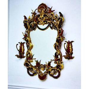 English And Chinese Chippendale Style Carved And Decorated Wooden Wall Mirror