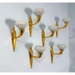 Art Deco Period Wall Lights, White Speckled Glass, Schneider, Bronze Mounts