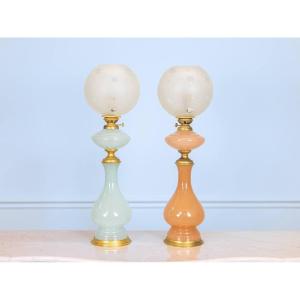 Baluster-shaped Oil Lamps In Opaline Glass