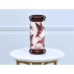 Hand-cut Bohemian Crystal Vase, Tropical Bird Motif