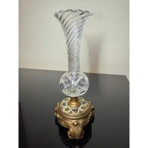 Crystal And Bronze Vase With Champlevé Enamel Decoration