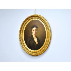 Oil Painting On Canvas "elegant Portrait With Jewelry" 19th Century, Signed