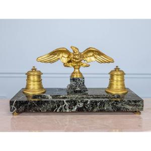 Marble And Bronze Inkwell With Decoration Of An Eagle With Outspread Wings.