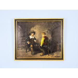 Painting, Oil On Canvas "chess Players"