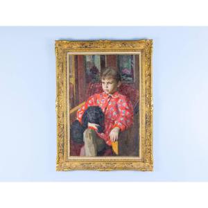 Antique Painting "young Girl With A Dog", Borys Gladchenko