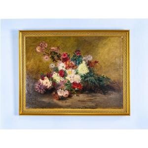 Oil On Canvas Depicting 19th-century Flowers