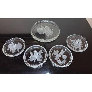 Val Saint Lambert Crystal Coaster And "flowers" Bottle