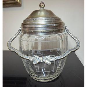 Crystal Biscuit Jar With Silver-plated Metal Frame.
