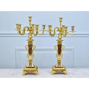Pair Of Candelabra, Boulle Marquetry And Bronze Candlesticks, Napoleon III Period