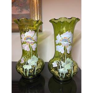 Green Blown Glass Vases With Enamel Decoration, Legras Or Montjoye