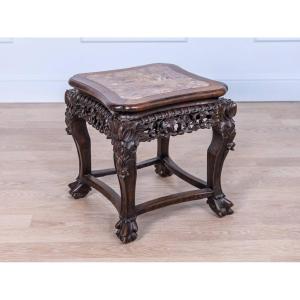 Chinese Side Table In Carved Wood With An Inlaid Marble Top