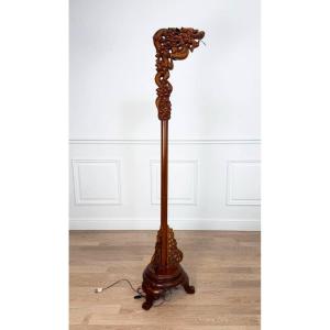 Lantern Holder, Floor Lamp In Carved Wood In The Shape Of A Dragon.