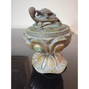 A Koro , Japanese Bronze Incense Burner In The Shape Of Lotus And Turtles