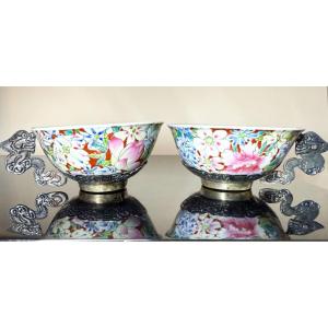 Two China Porcelain And Massive Silver Tea Cups Indochina Vietnam