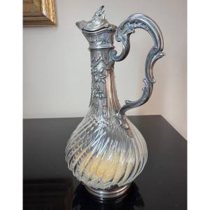 Silver And Crystal Wine Ewer Or Decanter With Twisted Ribs.