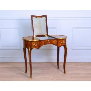Coiffeuse Table De Toilette Forme Rognon, Marqueterie Et Bronze