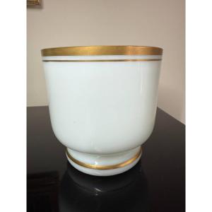 White Opaline Vase Decorated With Gold Fillets.