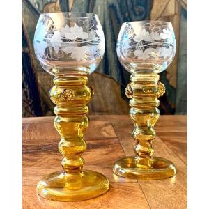 Pair Of Roemer Wine Glasses In Crystal And Glass XIXth Century