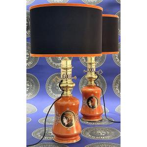 Pair Of 'pompeian' Red Ocher Porcelain Lamps With Antique Profiles XIXth Century