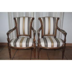Pair Of Walnut Armchairs, Directoire Period, 1795-1799, Late 18th Century.
