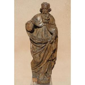 Natural Wood Sculpture Depicting Saint Paul (?), Burgundy, 17th Century Period.